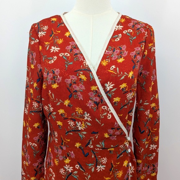 Free People Red Floral Wrap Dress Boho Romantic Cottagecore NWT Size 8 Midi - Picture 6 of 15
